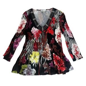 Alberto Makali XL Crinkle Top Debra Floral Long Sleeves Chain Neckline